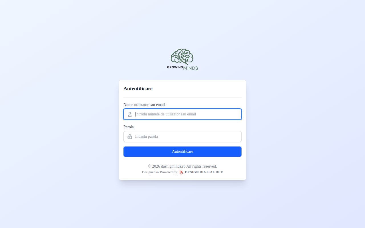 Screenshot complet GROWING MINDS — Dashboard management