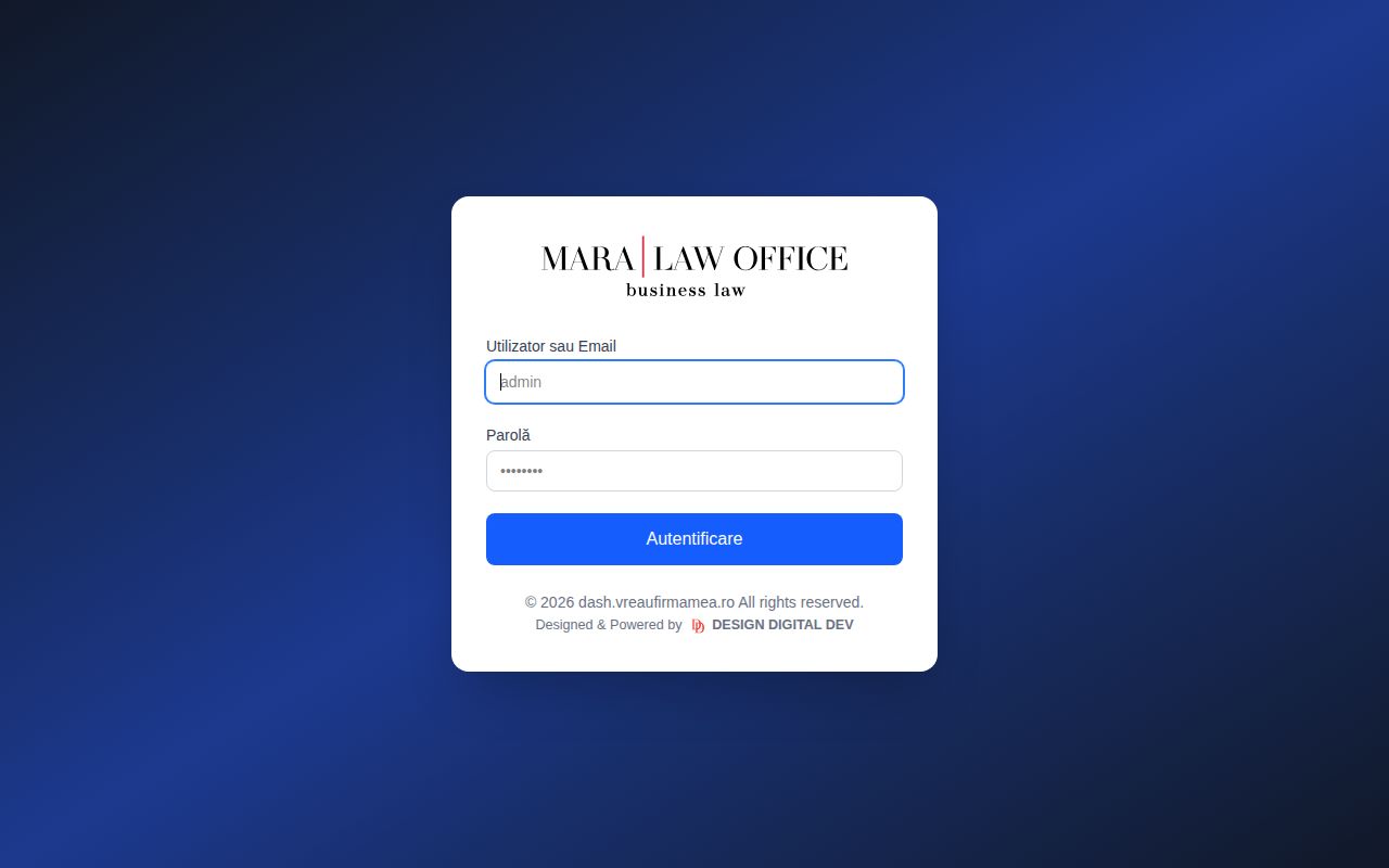 Screenshot complet VREAU FIRMA MEA — Dashboard management